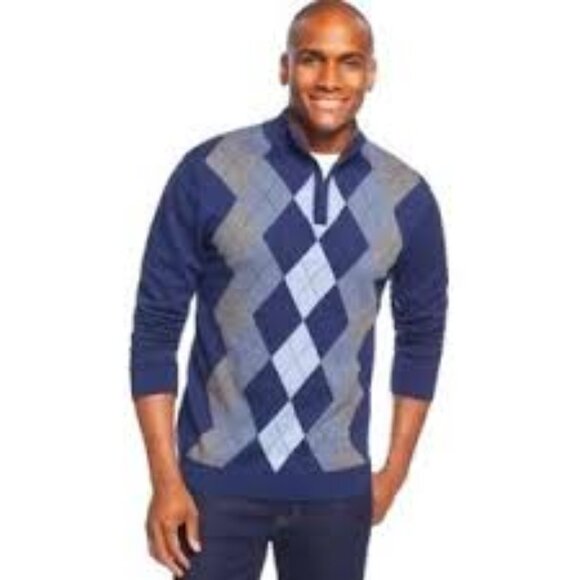 Men's TASSO ELBA Argyle Quarter-Zip Pullover‎ Navy Gray- Size XXL - Picture 1 of 8